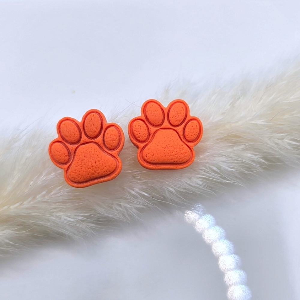 Orange Tiger Paw Embossed Stud Earrings Polymer Clay Lightweight Gift Clemson